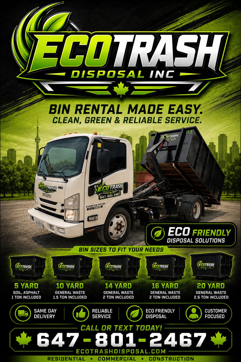 Eco Trash Disposal rate card showing 5, 10, 14, 16 and 20 yard bins with included tonnage
